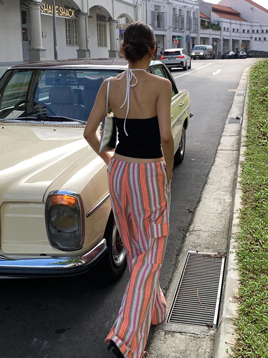 ReddaChic Orange Stripe Women Drawstring Waist Cargo Pants Flap Pockets Cotton Linen Casual Wide Parachute Pants Retro Workwear