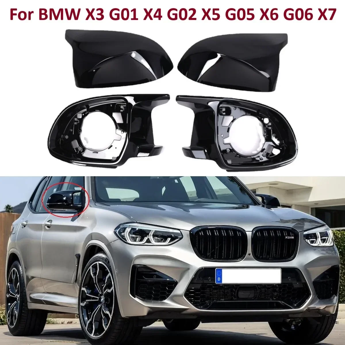 

for 2019-2023 BMW 3X G01 X3M F97 4-piece set bright black car support trim ring rearview mirror cover assembly OE:51168097351