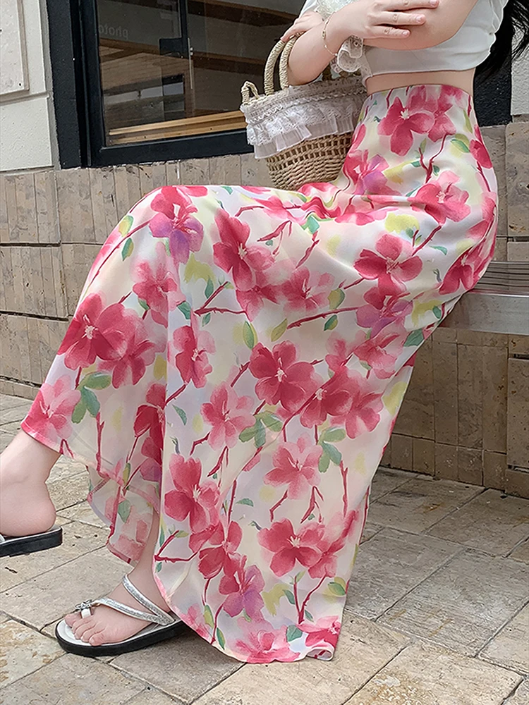 Retro chiffon floral midi skirt women summer high waisted slim fit A-line skirt hanging feeling temperament fishtail skirt