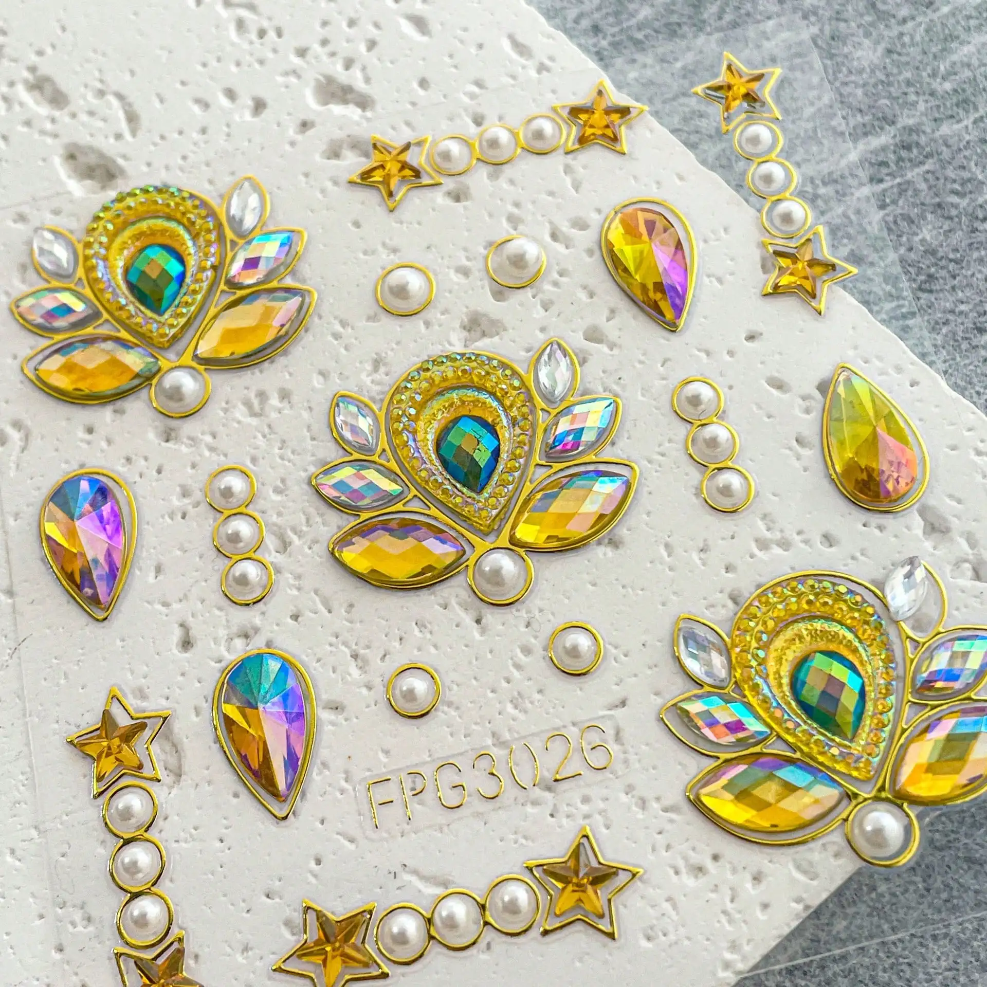 1 Sheet 3D Bling Face Rhinestone Sticker Blue Acrylic Face Gem With Gold Tickers For Body Makeup Music Festival Costume Party