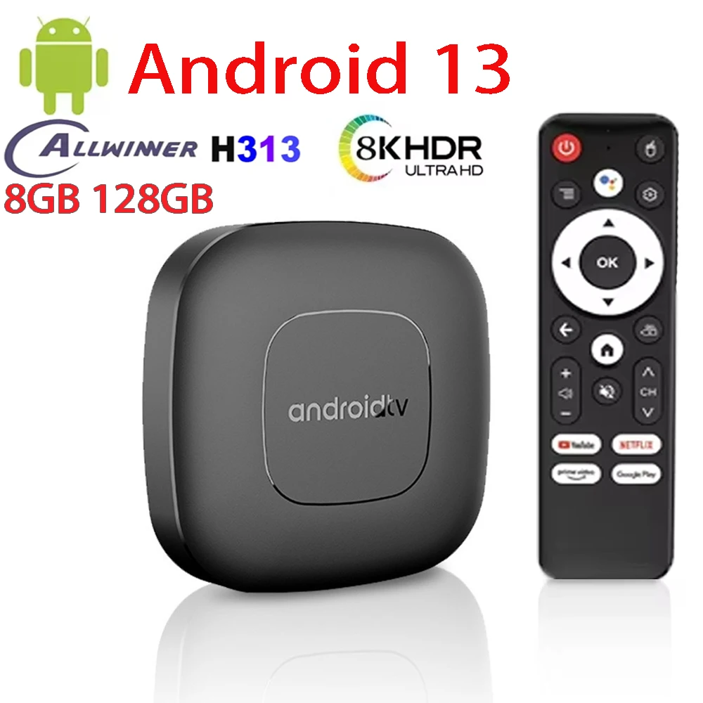 T1 Android 13 Top Box 8G+128G Smart TV Box H313 Quad Core Dual Wifi 2.4G&5G 8K HD Google Assistant  Ram 8GB 128GB Media Player