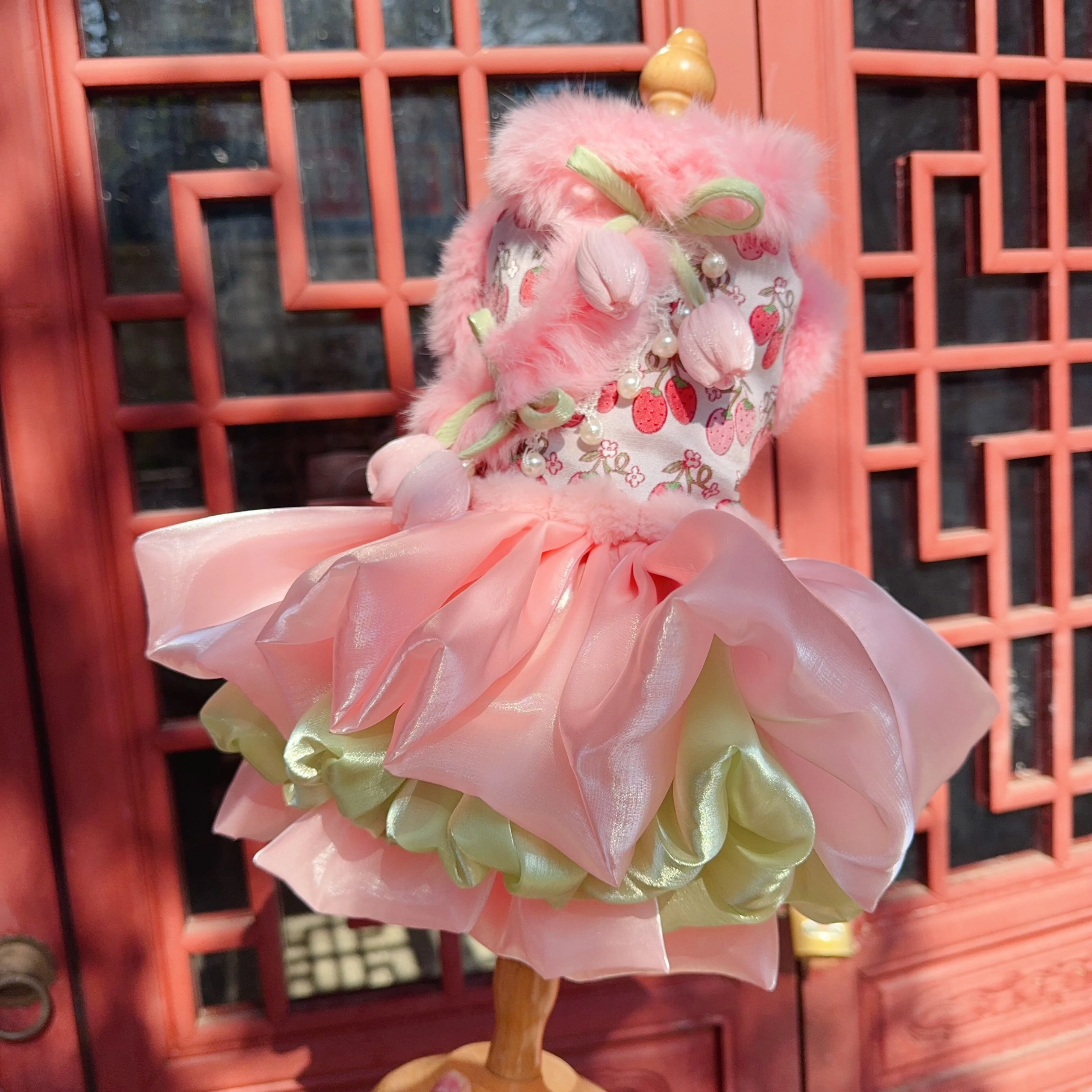 

Новая зимняя юбка для щенка, одежда, милое розовое платье принцессы с клубничным принтом для маленьких и средних собак, теплая плюшевая одежда для домашних животных