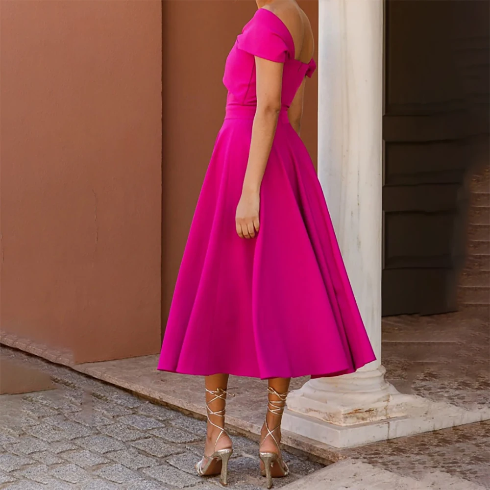Новое вечернее платье с открытыми плечами, трапециевидное платье для выпускного вечера с короткими рукавами, плиссированное свадебное платье для гостей, вечернее коктейльное платье длиной до чая