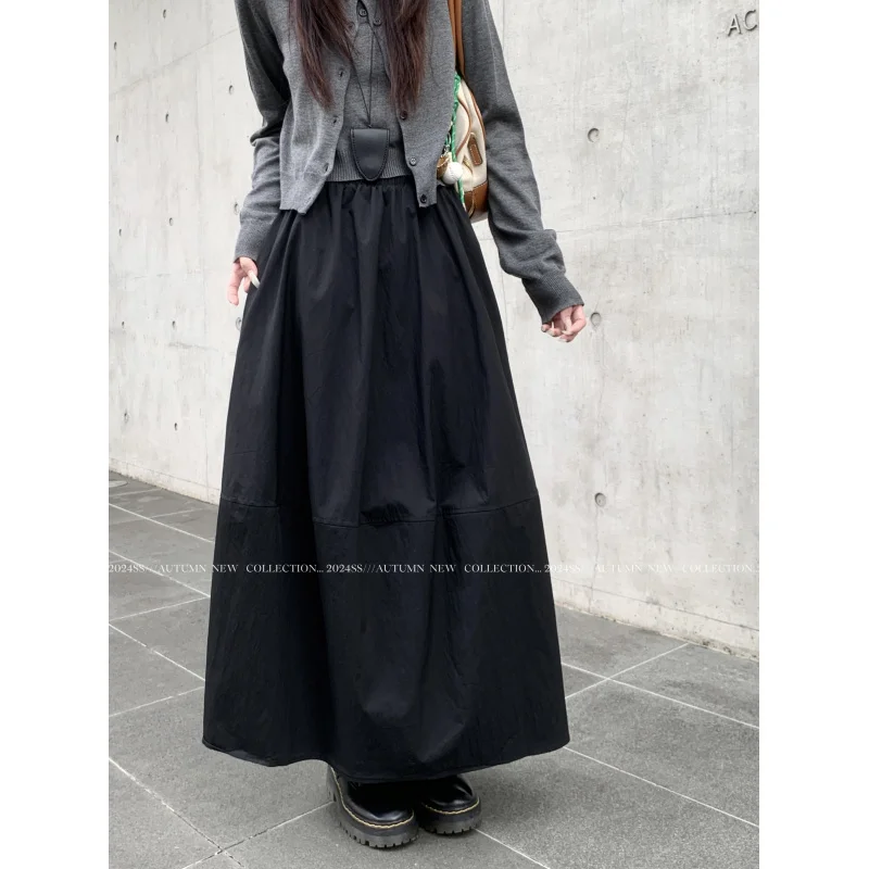 Real Shot Korean Style Half Skirt Versatile A-line Long Skirt Autumn Winter Retro Elastic Waist Simple Loose Casual Long Skirt f