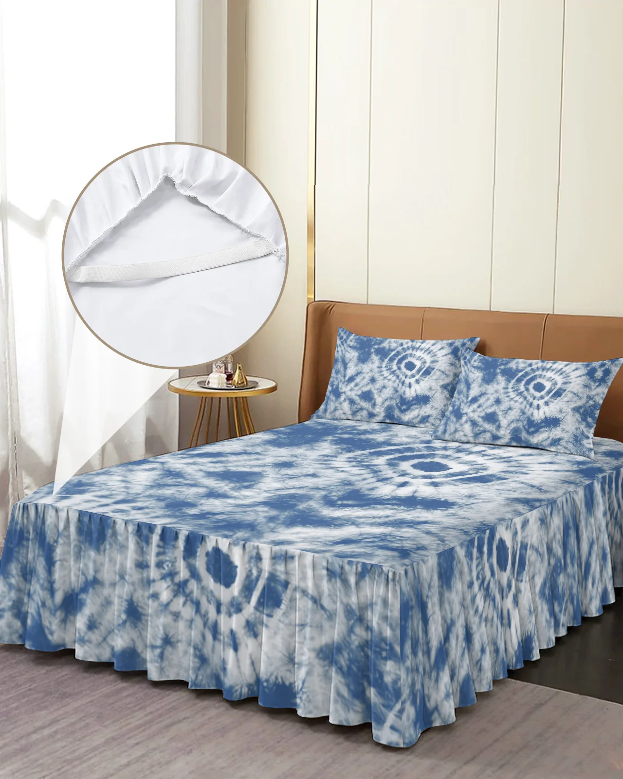 Blue Tie-Dye Ethnic Bed Skirt Elastic Fitted Bedspread With Pillowcases Bed Protector Mattress Cover Bedding Set Bed Sheet