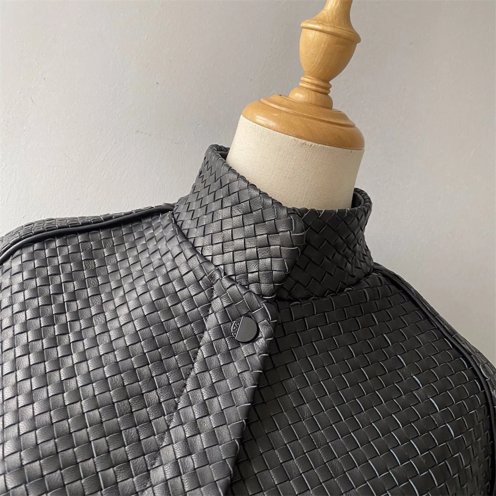 Jxwatcher feminino casaco de pele de carneiro natural outono europeu e americano moda curta motocicleta casual mão-tecido jaqueta de couro 2025