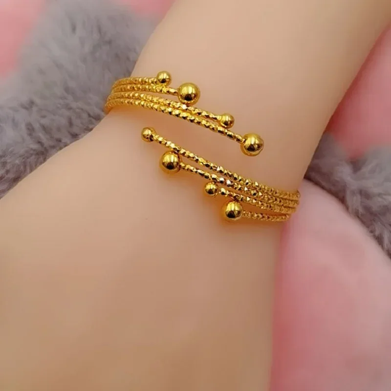 Juego de dos piezas de anillo de cuentas de la suerte, chapado puro, oro amarillo de 18k 999, pulsera con apertura ajustable de 24k, joya que nunca se decolora