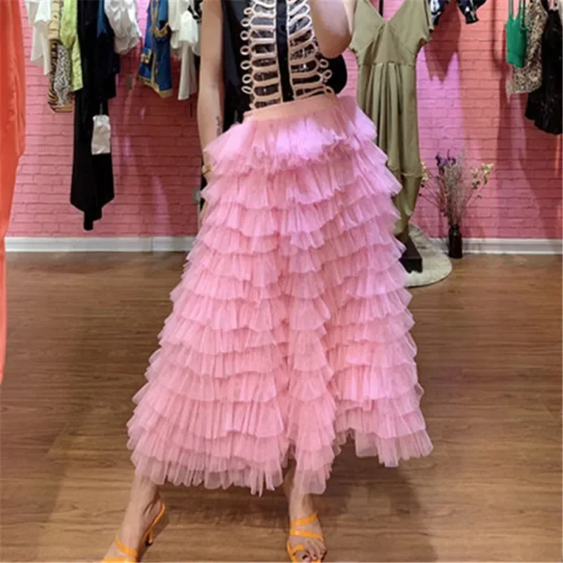 New Jupe Femme Ete Spring Party Skirt Elastic High Waist Long Tulle Dress Women Multilayer Ruffles Pink Mesh Tutu Skirts Ladies