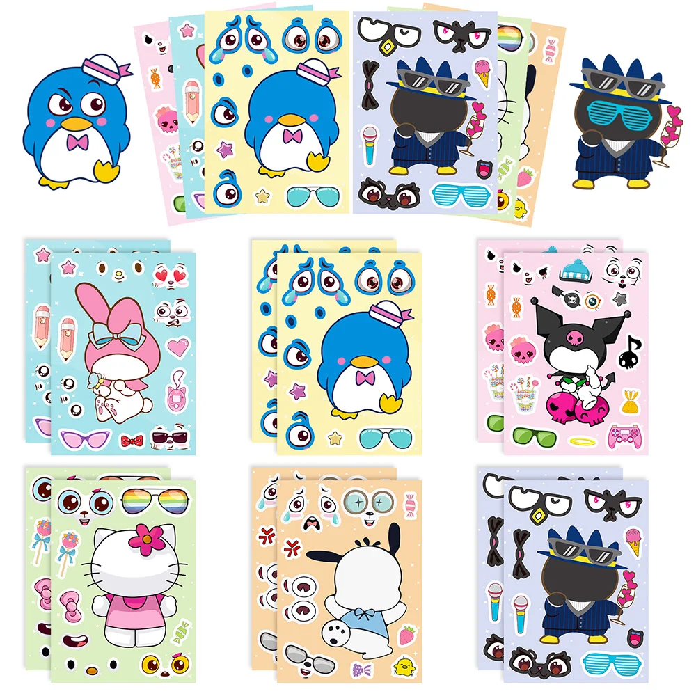 6/12Sheets Children Make a Face Sanrio Puzzle Stickers DIY Hello Kitty Pochacco My Melody Kids Educational Jigsaw Toy Decoration