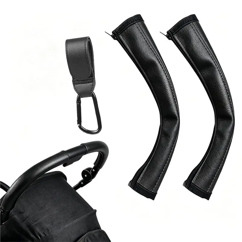 A84F-PU Leather Bumper Bar Cover Universal Protective Cover Stroller Accessories Armrest Handle Covers With Hooks