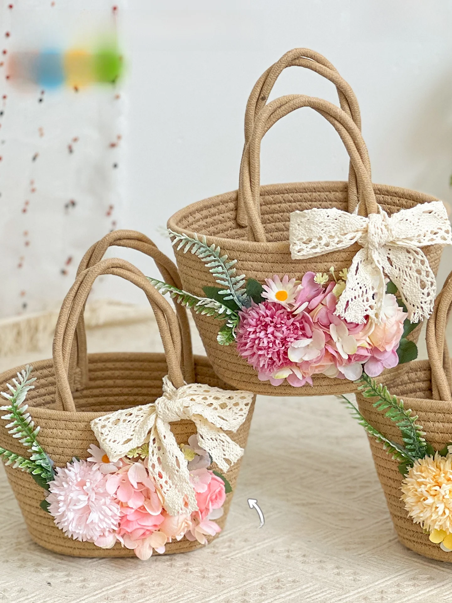 卒業祝い-手作り草編みバッグ-模造花-diy素材キット-ウォームアップ活動-チームビルディング-手編みバッグ