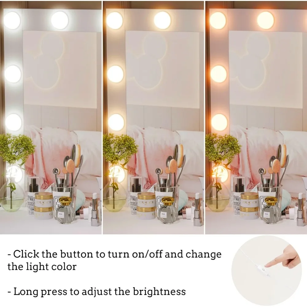 Dresser with illuminated mirror, dressing table table with storage shelves and 4 drawers, bedroom dresser, 10 LED lights