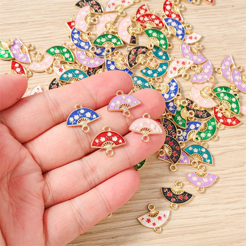 10 Stück 16 x 14 mm niedliche bunte Emaille-Blumen-Fächer-Charms-Anschlüsse für Schmuckherstellung, Halsketten, Armbänder, DIY-Bastelzubehör – Detail 3