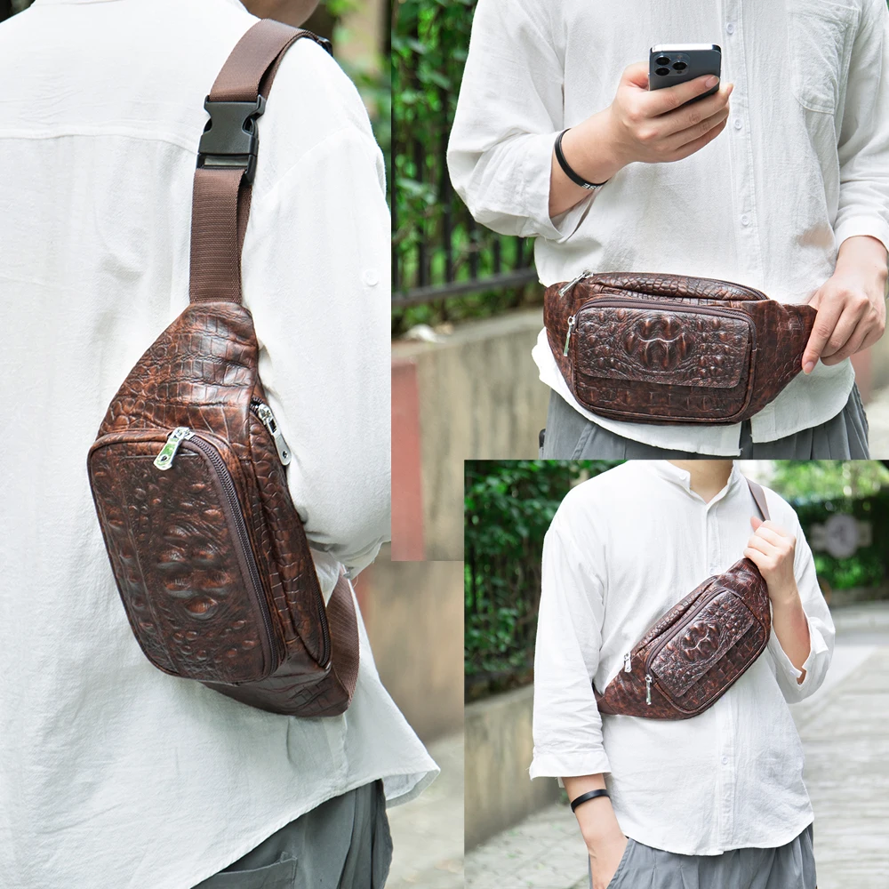 WESTAL Retro Waist Bags Genuine Leather Pack Shoulder Bag Alligator Pattern Waist Pack Belt Multifunctional Chest Bag