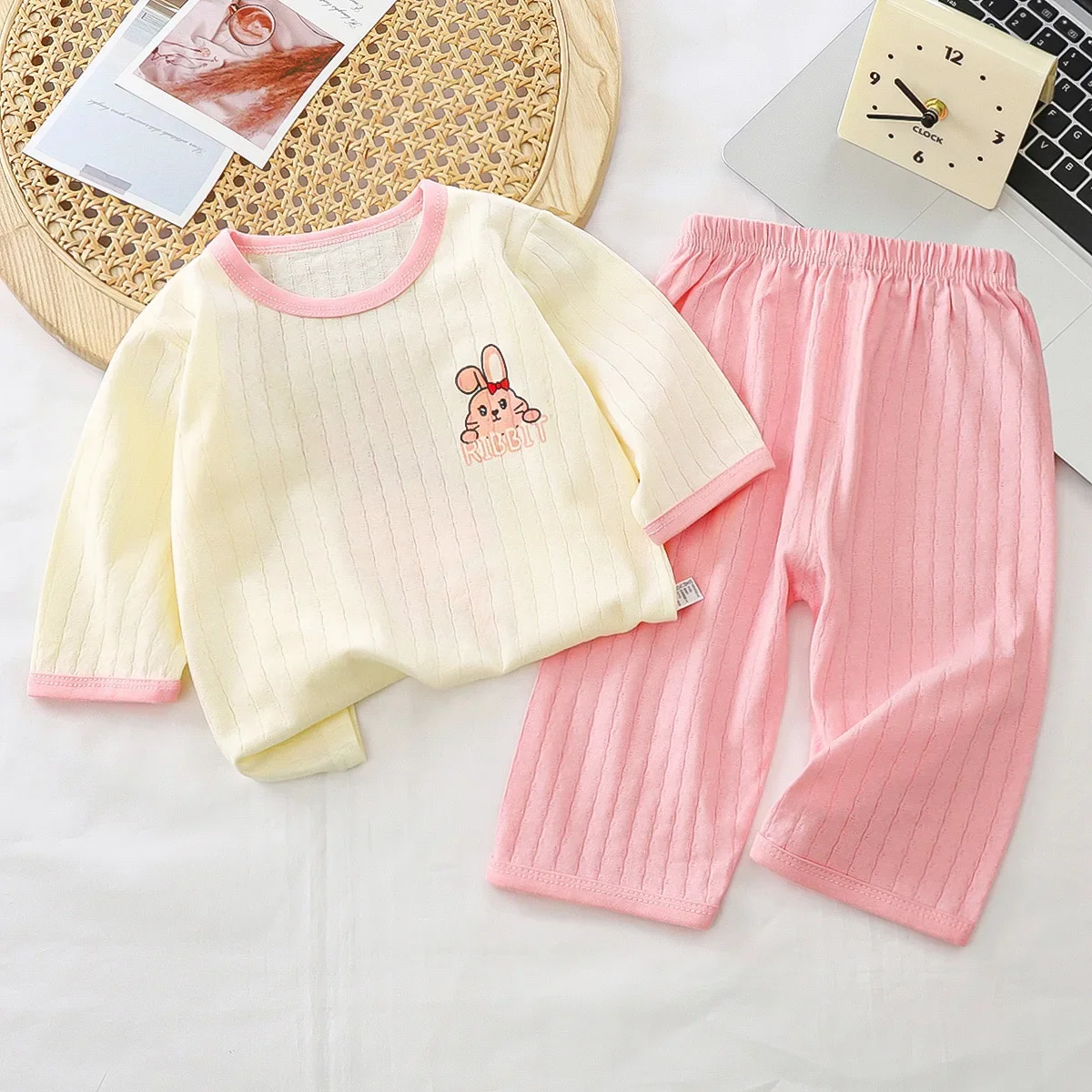 New 2024 Boys Girls Pure Cotton Cute Cartoon T-Shirt Tops + Striped Pants Kids Summer Thin Clothing Sets Baby Pajamas Loungewear