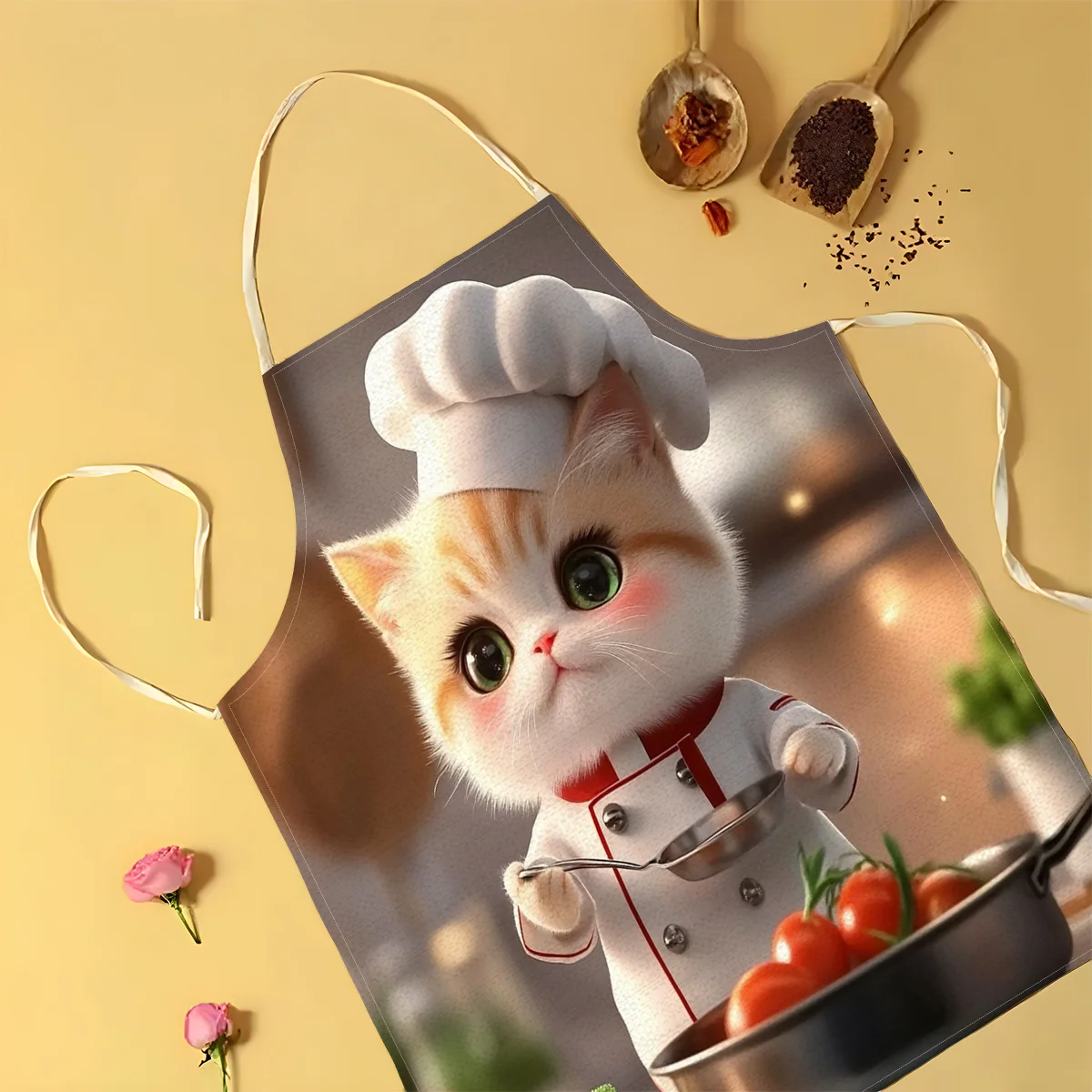1pc Cute Cat Chef Realistic Print Apron Linen Animal Lover Kitchen Cooking Baking Apron Funny Pet Theme Gift For Cat Owners
