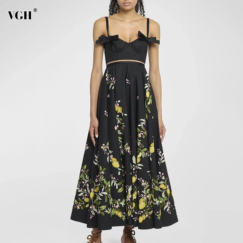 

VGH Elegant Two Piece Set For Women Square Collar Sleeveless Top High Waist Floral Printing Long Skirts Slimming Sets Female New