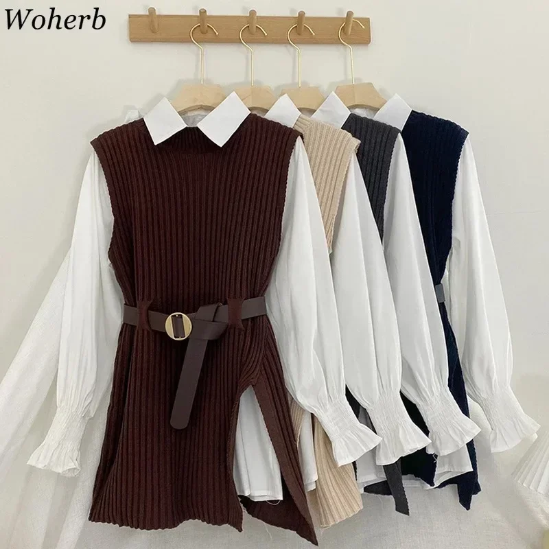 Women Korean Two Piece Sets Turn Down Collar Full Sleeve Shirts Knitted Vests Dresses Set Casual Splice Belt Autumn 2023