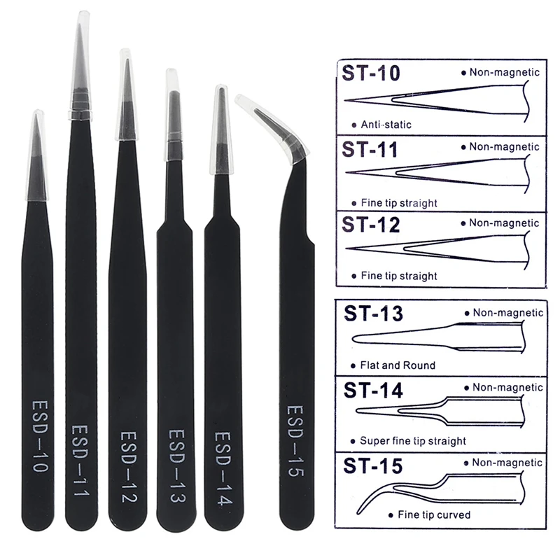 1-6Pcs Anti-static ESD Stainless Steel Tweezer Maintenance Tool Industrial Precision Curved Straight Tweezers Repair Tools Set