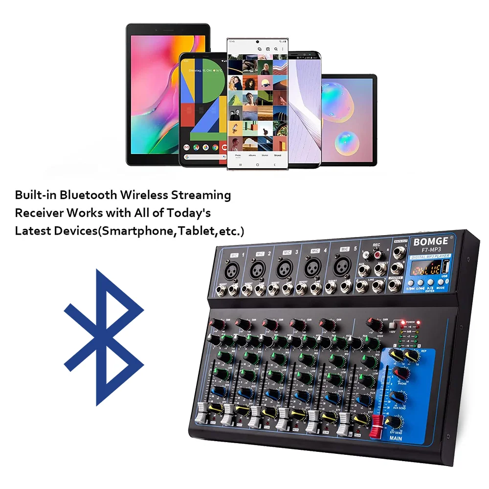 BOMGE F7 7 Channel Bluetooth Portable Audio Mixer USB DJ Sound Mixing Console MP3 Jack 48V Power for Computer Recording  Mixing