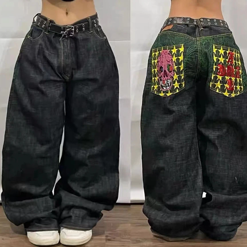 Unisex Y2K Hip Hop Streetwear Jeans Skeleton Printed Gothic Baggy Jeans Vintage High Waist Denim Jeans Wide Leg Pants