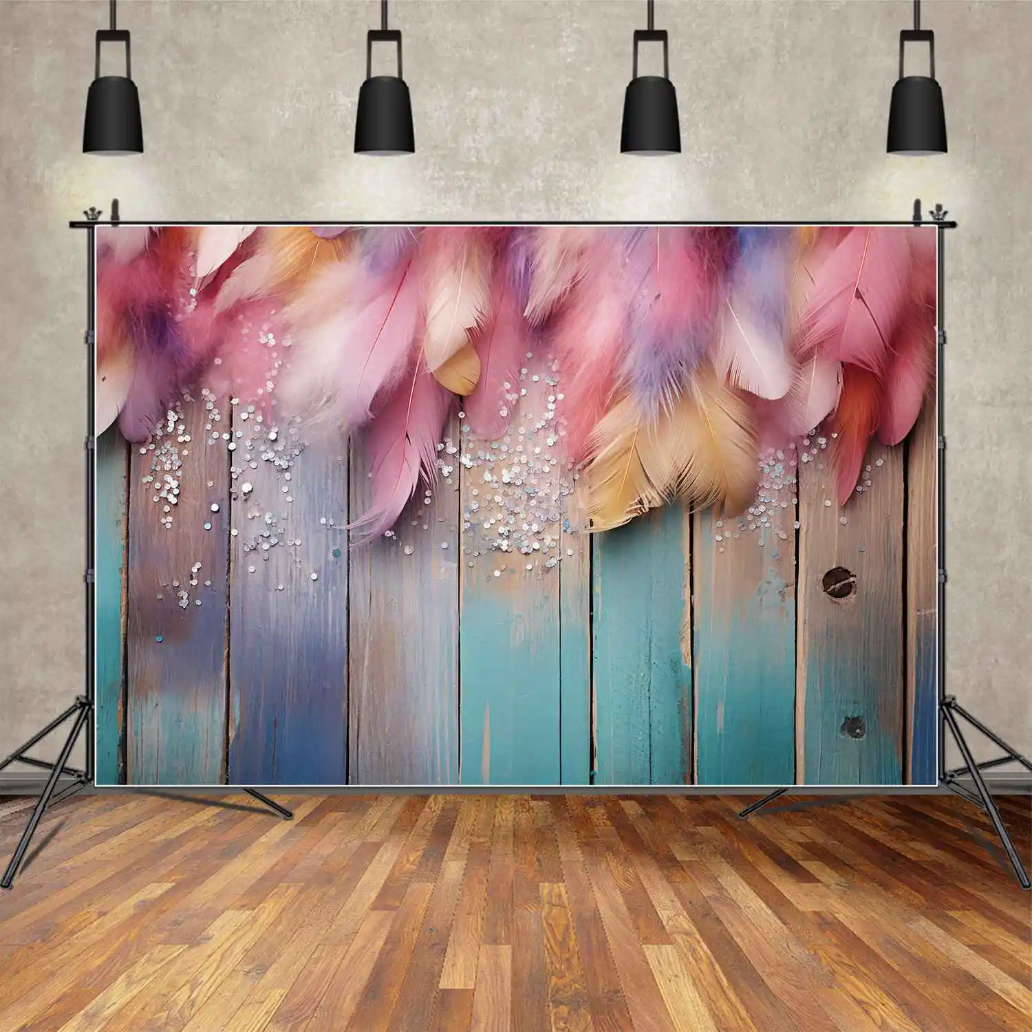 MOON.QG Backdrop Feather Sequin Wood Plank Board Party Wall Photography Background Customized Children Wooden Photo Booth Banner