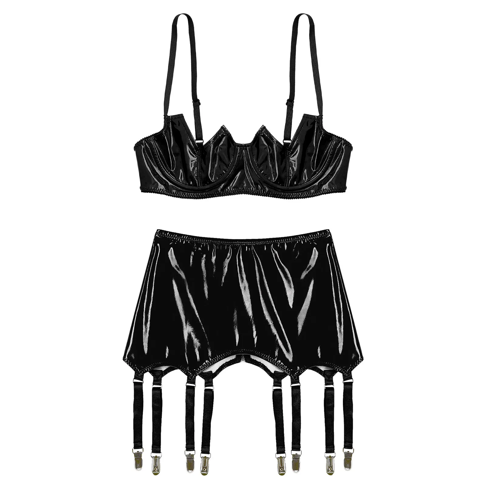 Womens Patent Leather Lingerie Set Club Wear Brassiere V-Notch Underwired Exposed Navel Bra Tops with Metal Clips Garters