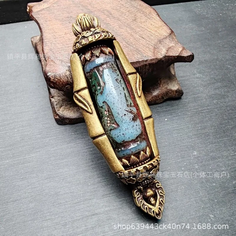 High-Oil Patina With Two-Eye Prajna Pendant Necklace, Copper Inlaid Dzi Bead