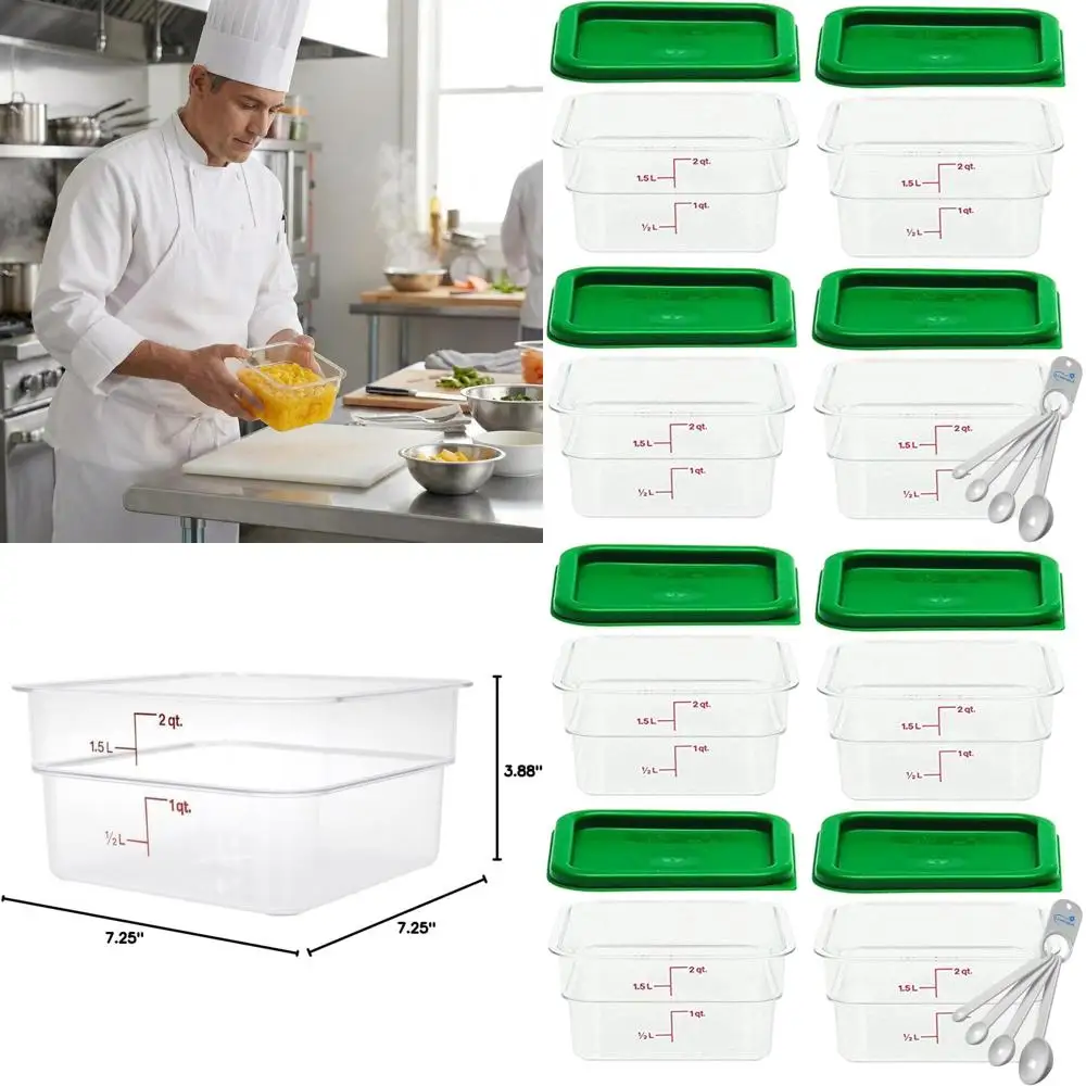 

Polyte Square 2-Quart Food Storage Container 4-Pack Clear with 4 Green Lids, Includes Measuring Spoon Set