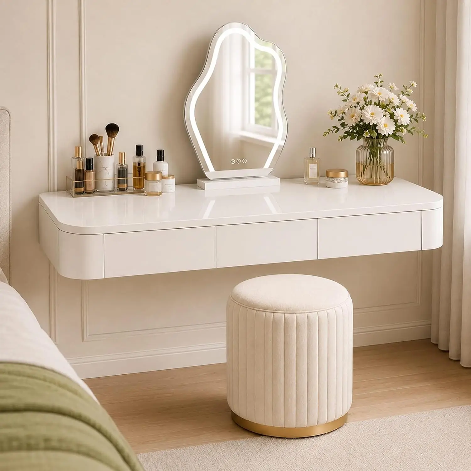 Wall Mounted Floating Vanity Desk with Drawers, Space Saving Makeup Table, Smooth Glide Storage, 39.3