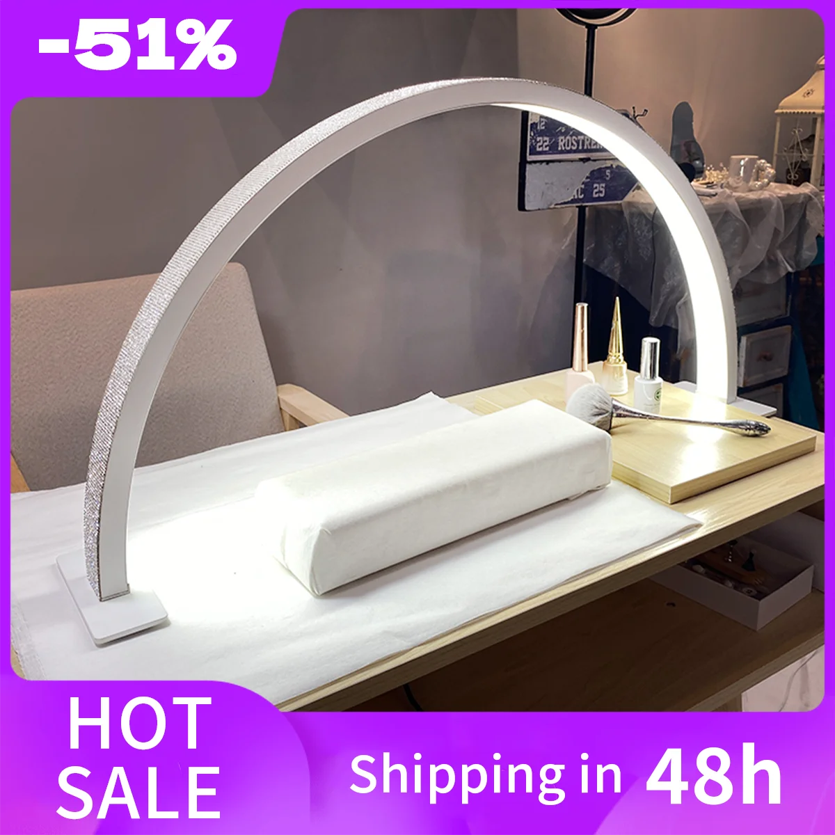 Lampa półksiężycowa 48W do manicure, ściemnialna 3000K-6000K, do makijażu, salonu kosmetycznego, dotykowy włącznik, lampa LED półksiężycowa do paznokci