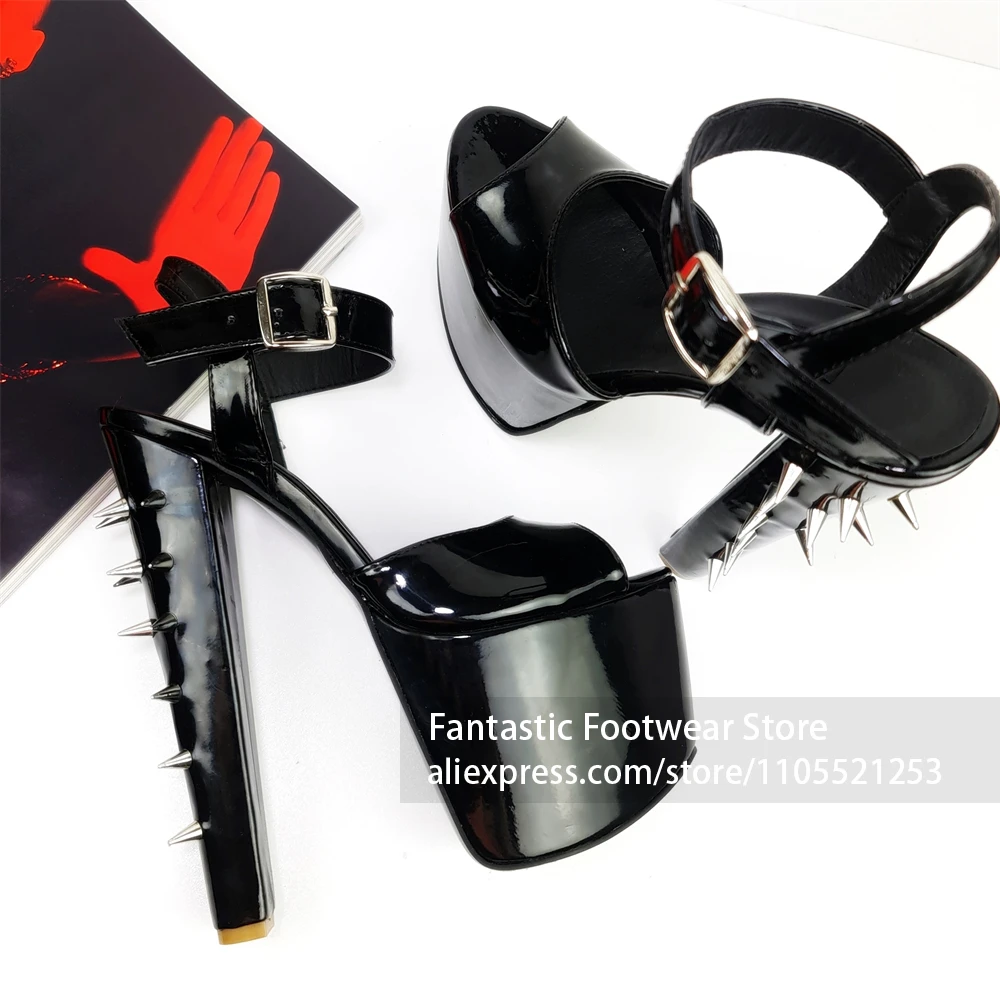 Gothic Punk Spike Block Heel Patent Leather Peep Toe Ankle Strap Platform Sandals Royal Blue Alt Nightclub Party Shoes for Women