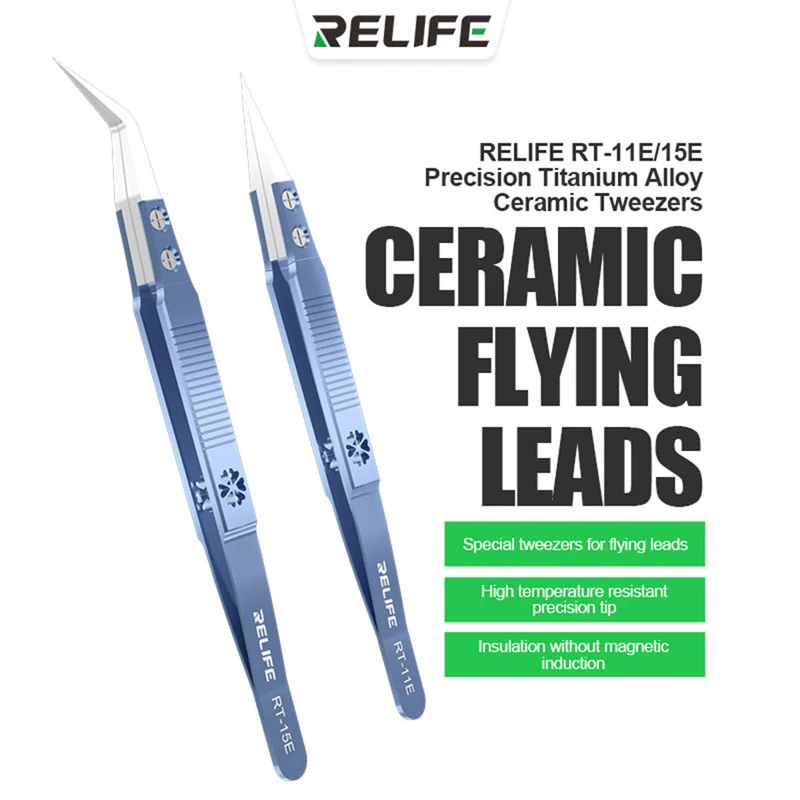 RELIFE-RT-11E de precisión de aleación de titanio, pinza curva recta de cerámica, antiestática, resistente al ácido inverso, abrazadera de alambre volador, RT-15E