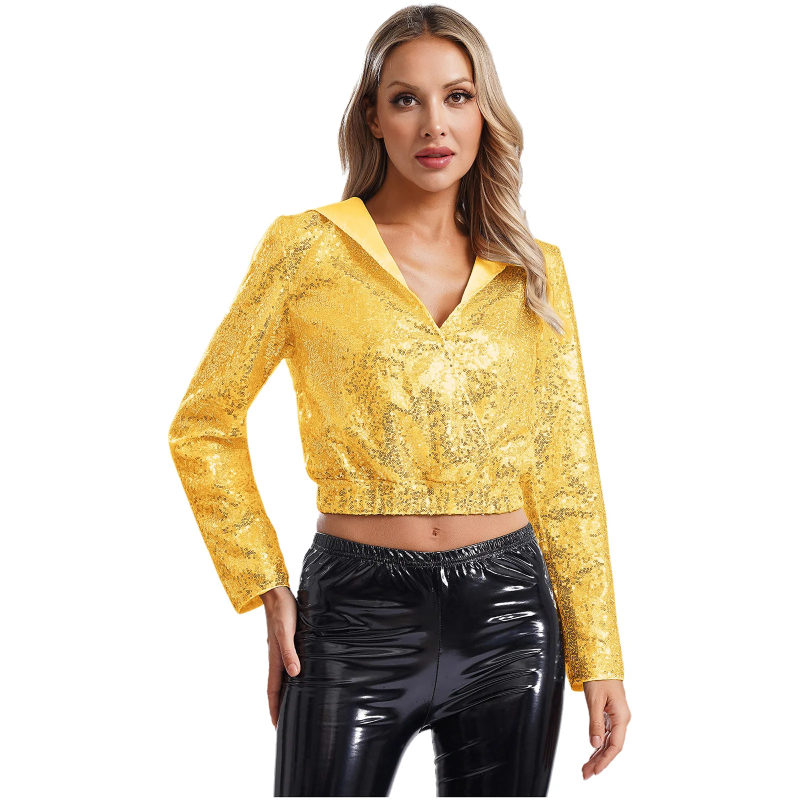 

Women Sequins Shiny Hooded Cropped Shirts Long Sleeve Modern Hip Hop Street Dance Top Carnival Festival Tops Rave Party Costume