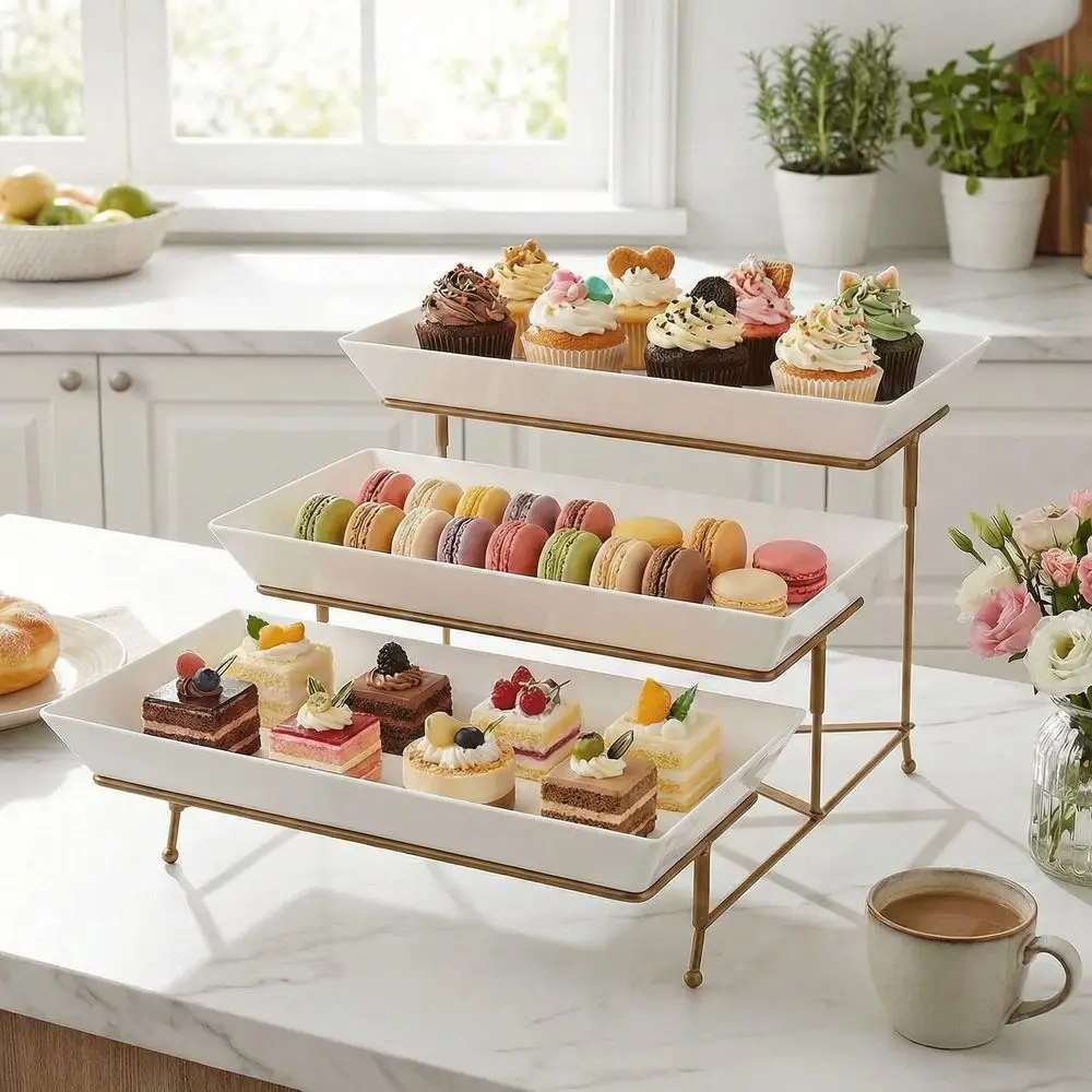 

Набор многоярусных сервировочных подносов, складная прочная подставка со стабильными перекладинами, трехъярусная подставка для вечеринок