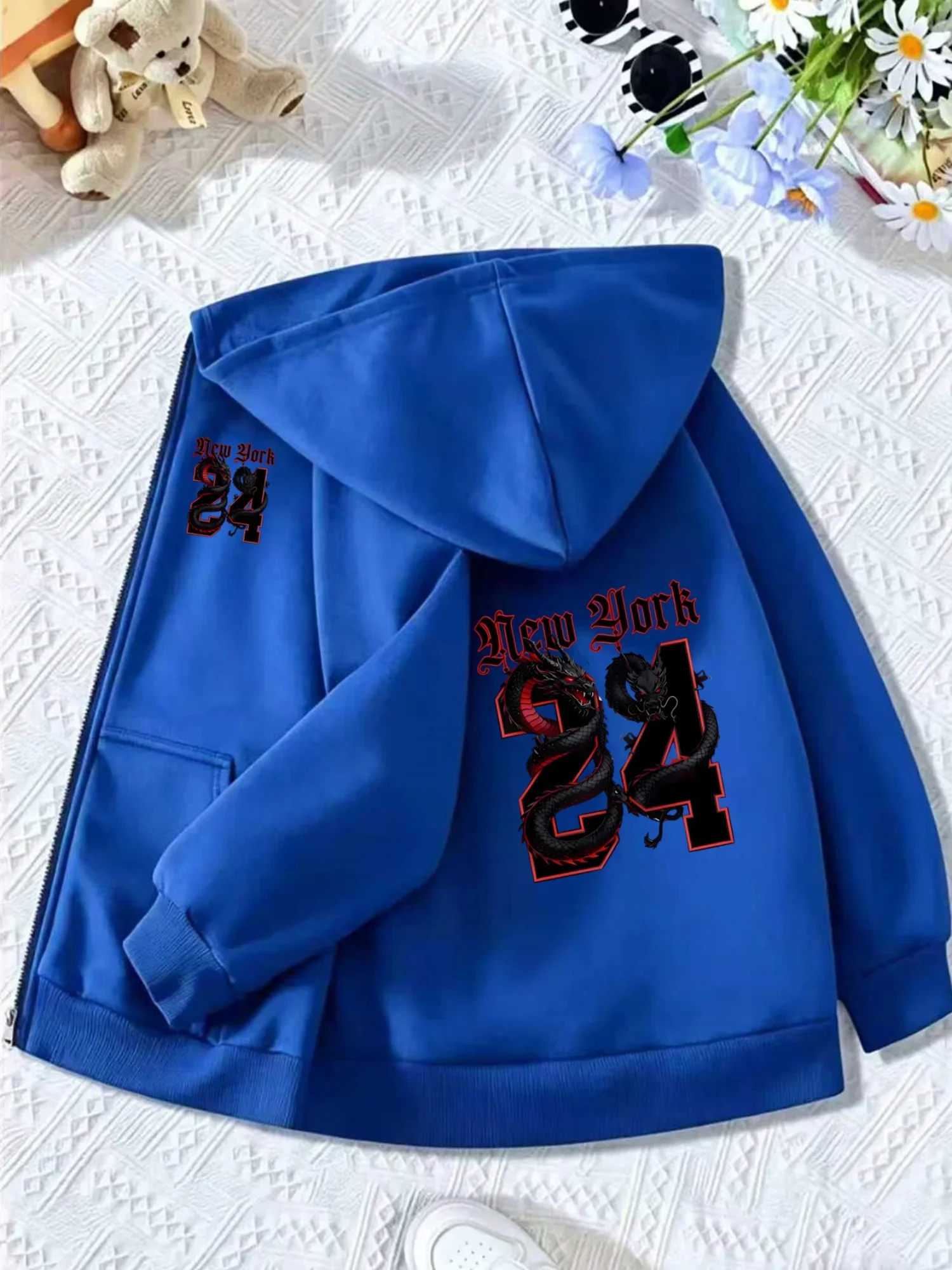 Kids Zip Hoodie New York 24 Black Dragon Gothic Letter Graphic Print Long Sleeve Loose Hooded Jacket Boys Street Outerwear