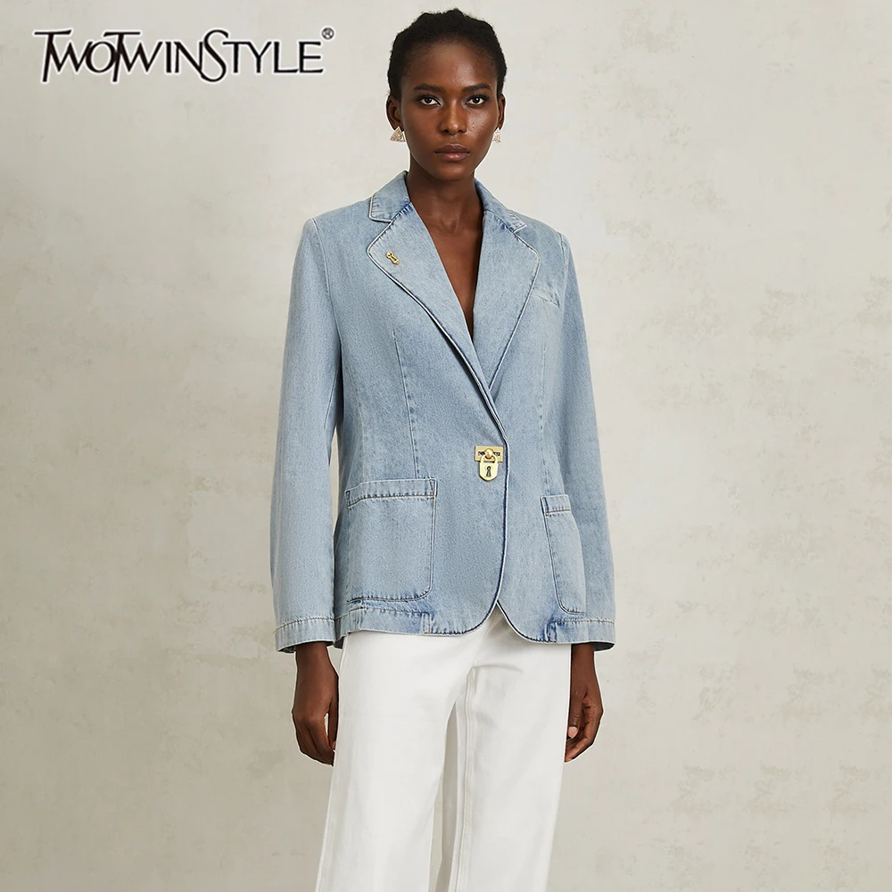 

TWOTWINSTYLE Slimming Spliced Metal Buckle Fashion Coat for Women Lapel Long Sleeves Patchwork Pockets Cowboy Coat Female New