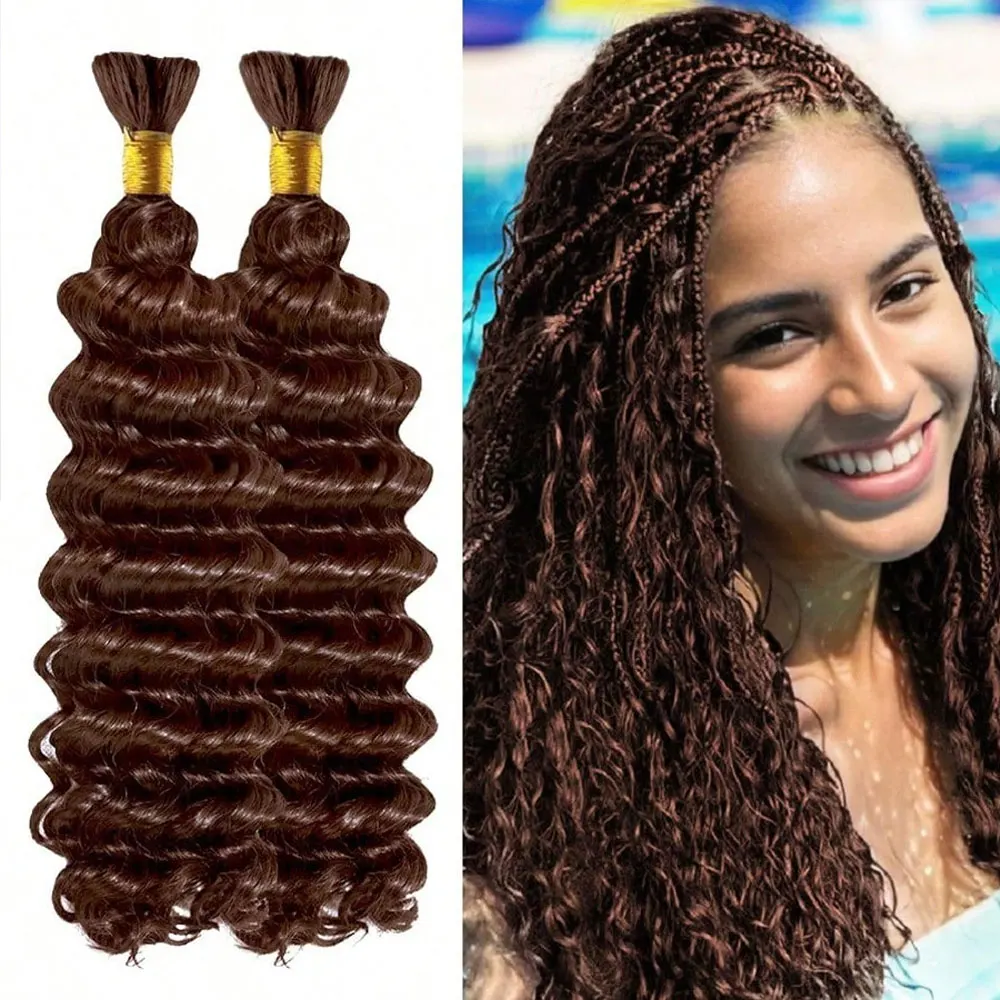 

28 дюймов, 110 г, вьющиеся волосы в стиле бохо для плетения без узлов, 12 А, глубокая волна, объемные богемные 2 пучка/упаковка, 4 шт. # Темно-коричневый цвет 100% человеческие волосы