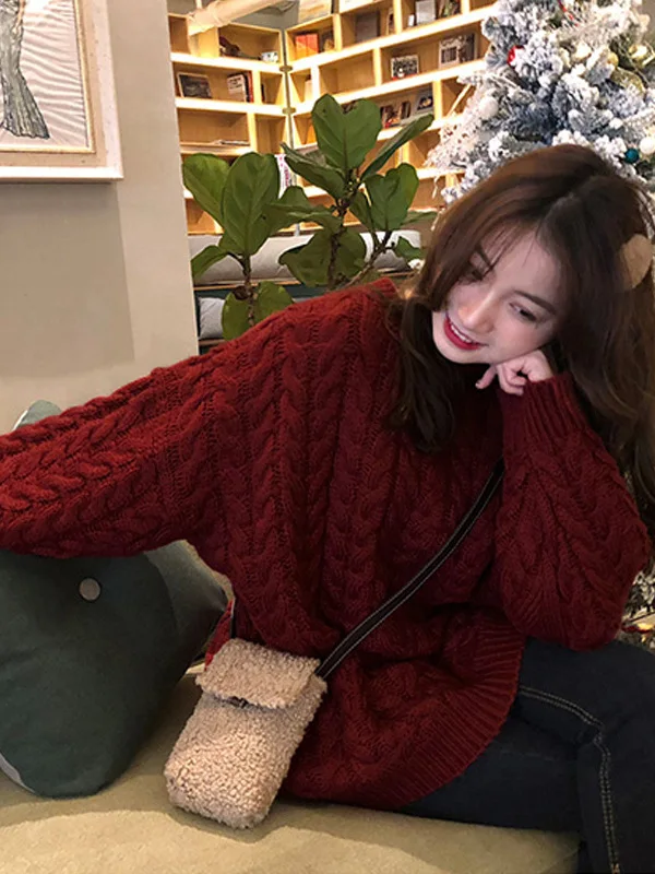 

Ele винно-красный свободный вязаный свитер, женский верхний свитер, осень-зима, винтажный топ, модная ленивая модная пряжа, длинный све