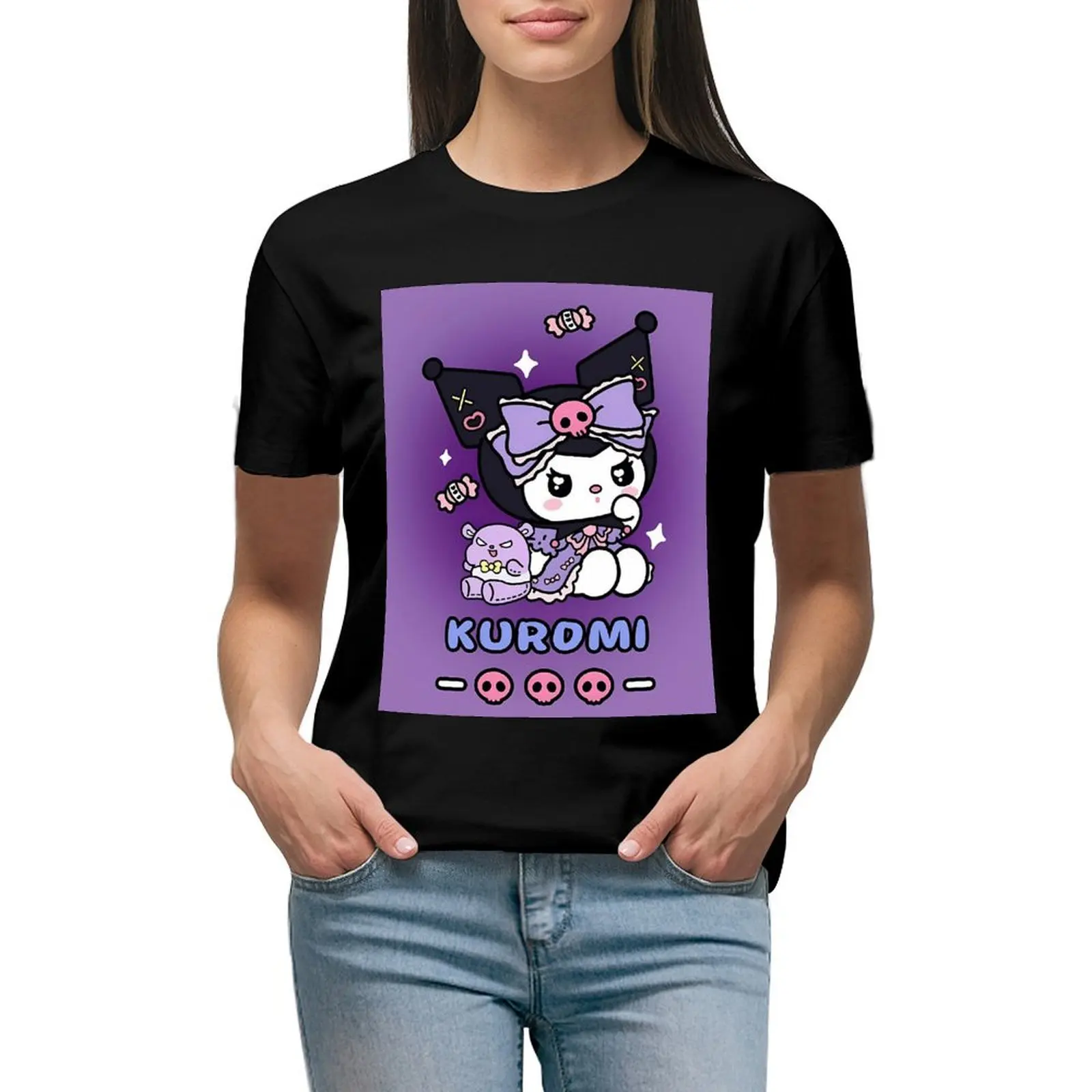 

Модная футболка Sanrio Kuromi Y2k, женская одежда, летние повседневные милые футболки, одежда