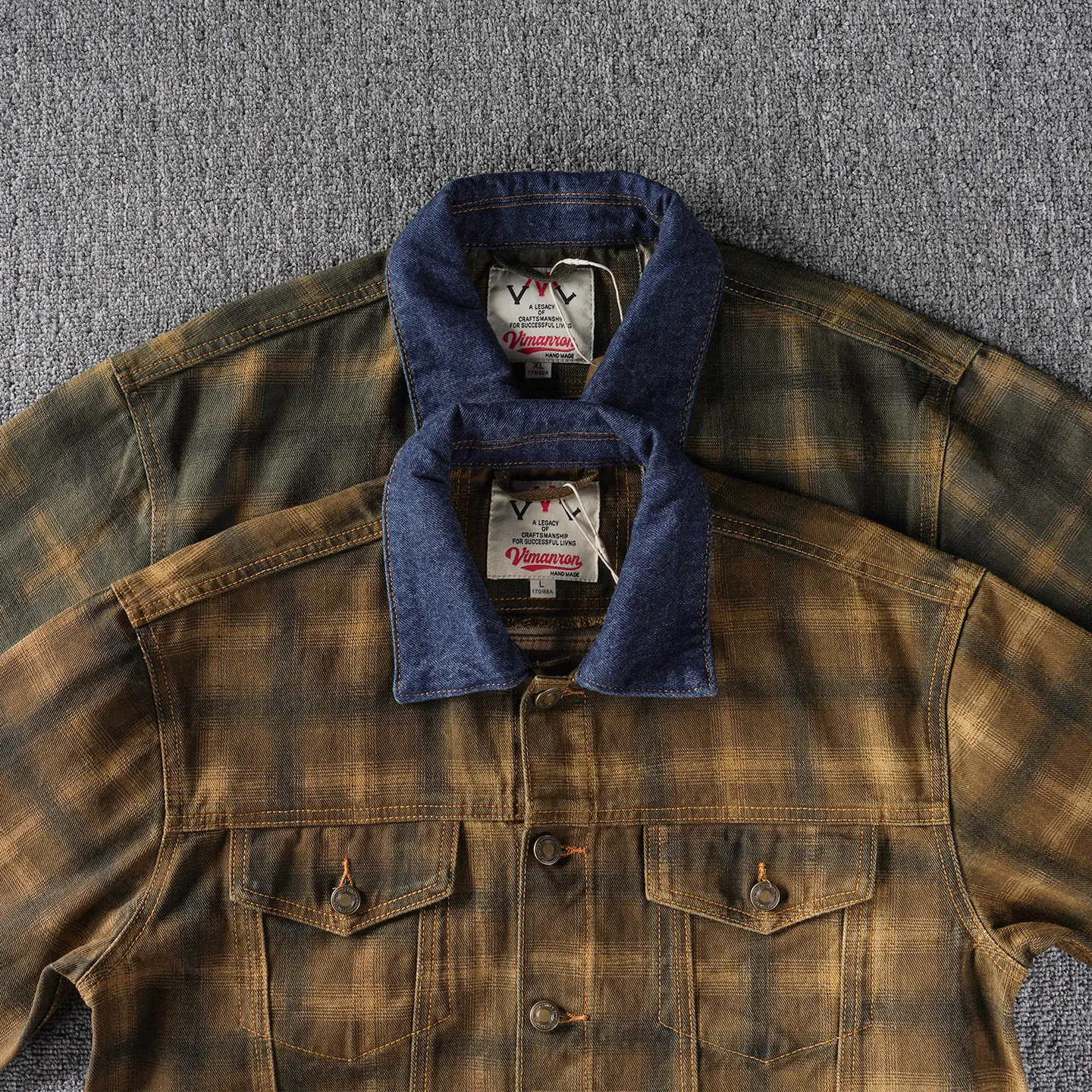 Stitching design khaki trendy American retro plaid denim jacket men's autumn lapel work jacket