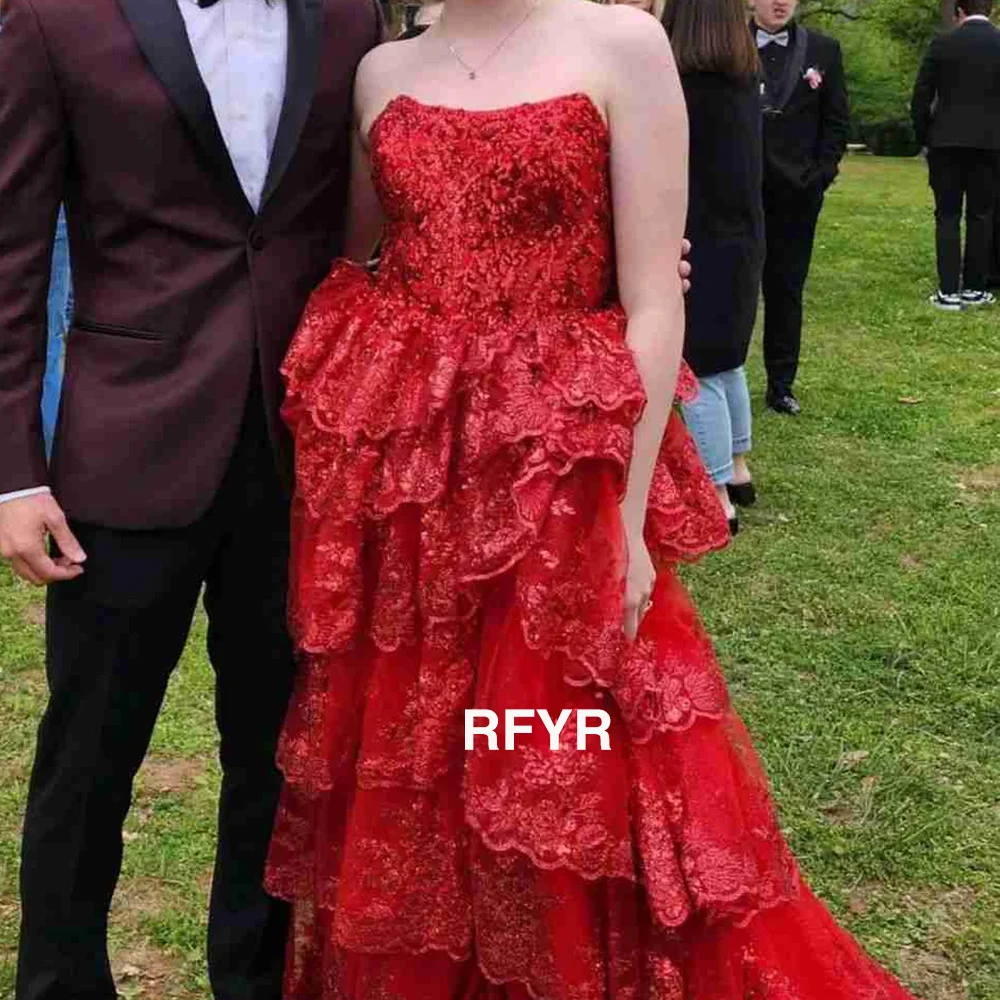 RFYR A Line Evening Dress Scoop Neck Prom Dress Lace Applique Vestidos De Noche Shiny Party Dress High Slit Gala Gown Customized view 4