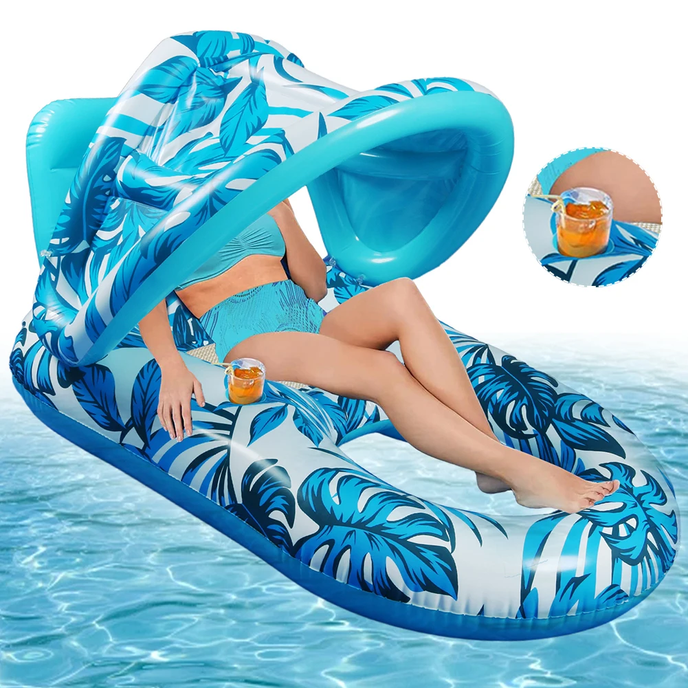 Inflatable Floating Bed with Sunshade Inflatable Water Sleeping Bed Floating Lounger Air Mattress for Swimming Pool Party