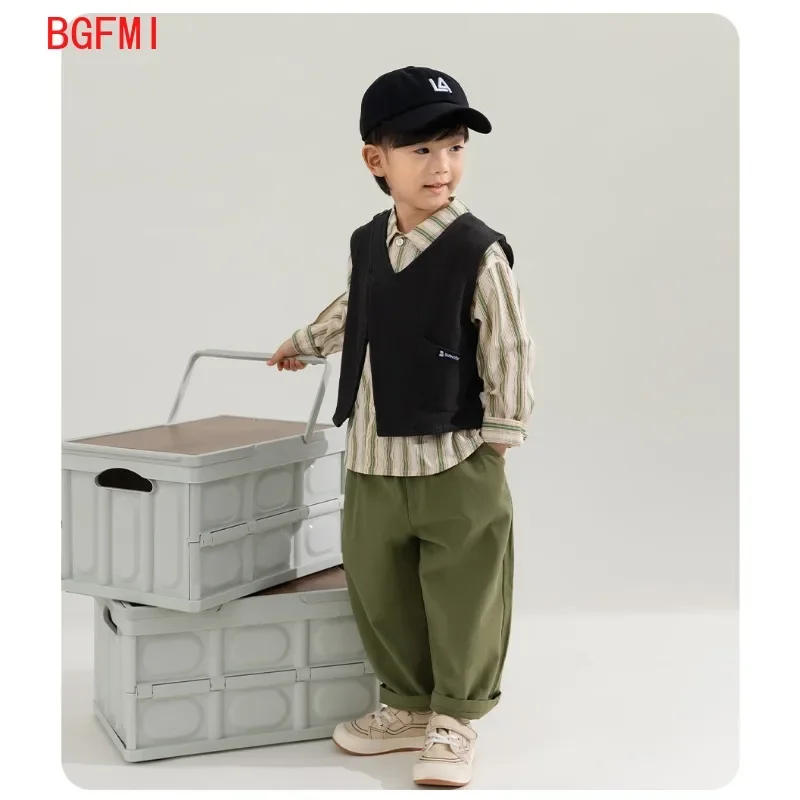 2-7Y Boy\'s Spring Set 2023 New Korea Fashion Boy Stripe Shirts Pants Vest Three Piece Sets  Autumn Clothing Suit Trendy Handsome