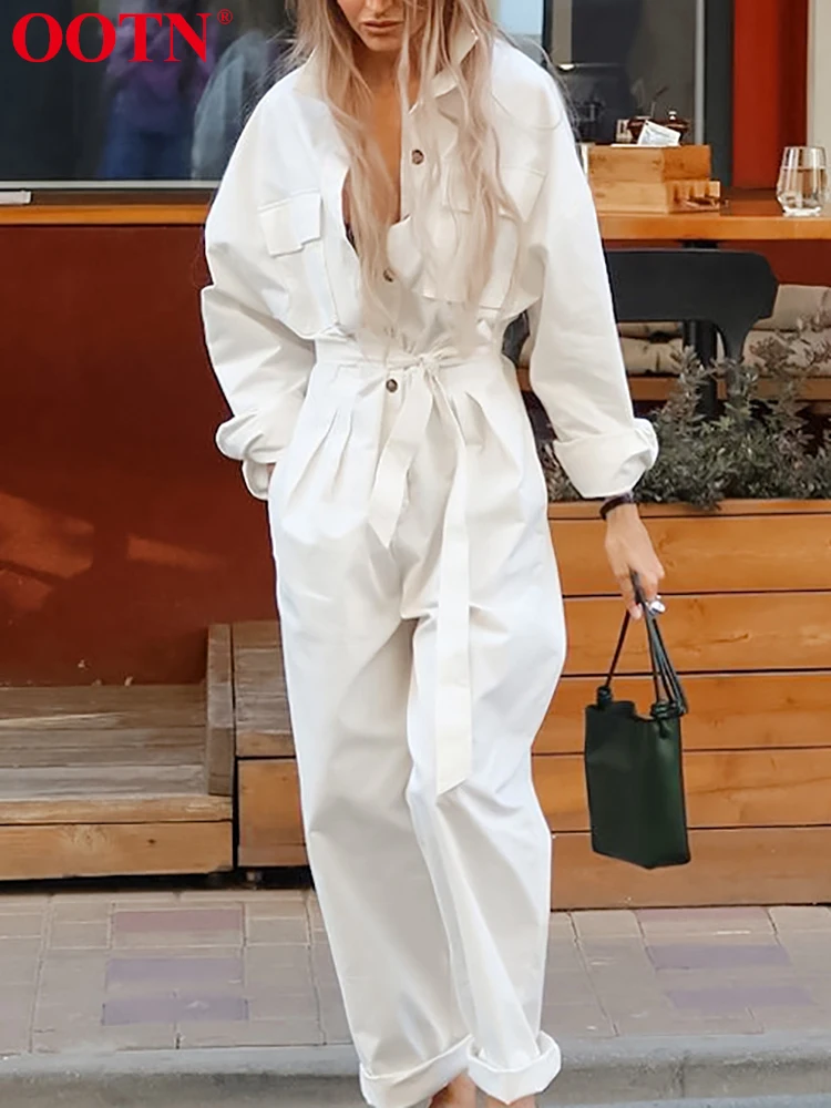 OOTN Fashion Long Jumpsuits Women Loose Long Sleeve Single Breasted Overalls White Pants 2024 Autumn Streetwear Casual Sashes