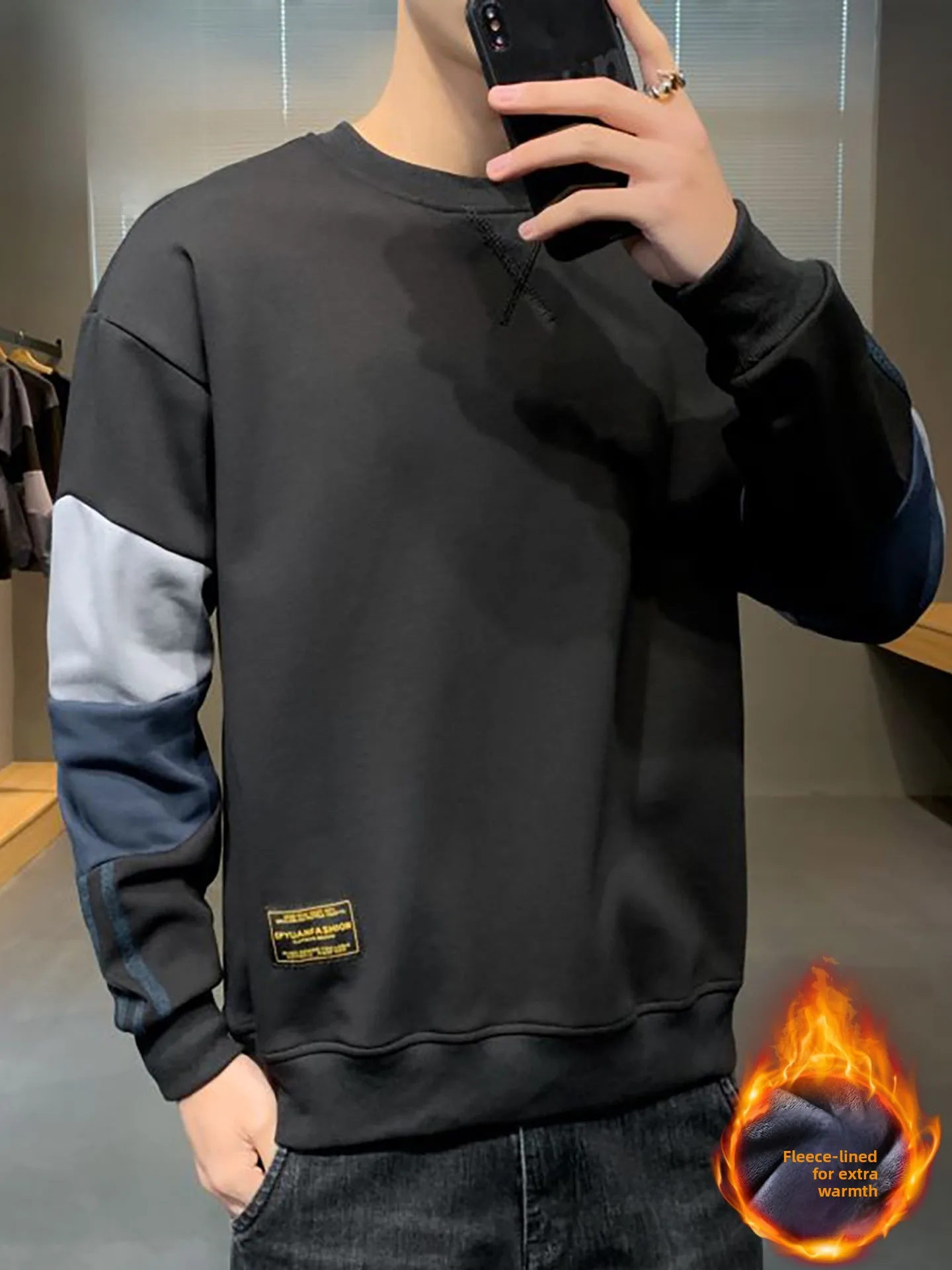 

Toucan Brand American Sle Fce Lined Loose Long Sve Men's Sweatirt Autumn Winter Color Blo Patchwork Top