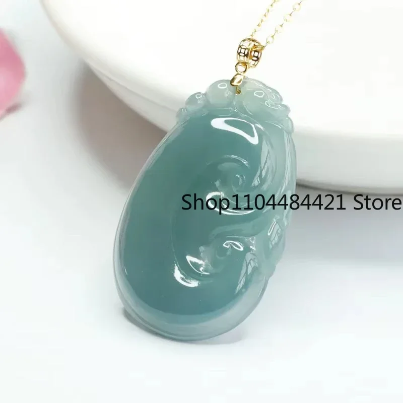 18k Gold Set with Natural Jadeite Blue Water Ruyi Pendant Hand-carved Fashion Luxury Jewelry for Men and Women Necklace Gift