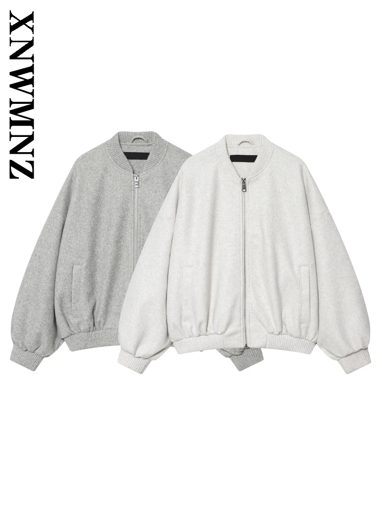 

XNWMNZ 2025 зимнее женское повседневное модное пальто с длинным рукавом и круглым воротником, простое шикарное осеннее женское пальто свободного покроя на молнии