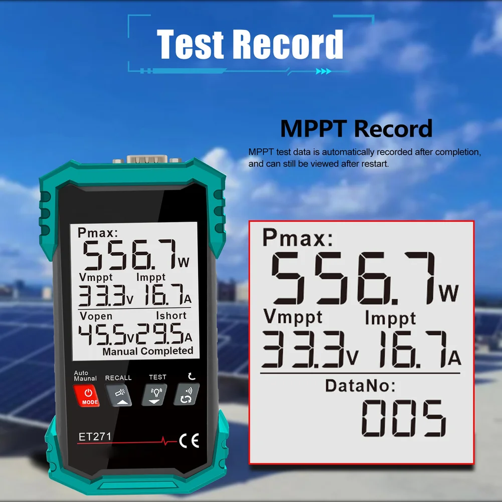 ET271 Solar Panel Tester with Backlit LCD Display and Data Recording for Accurate PV System Commissioning and Troubleshooting