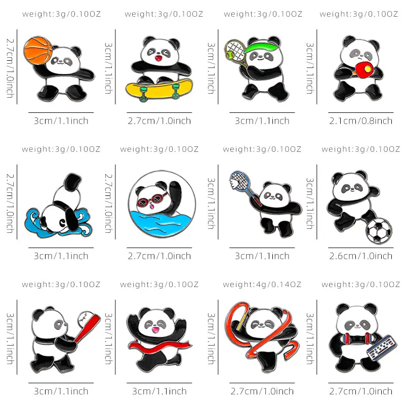 Cute Sports Panda Collection Enamel Brooches Playing Basketball Football Tennis Swimming Diving Weightlifting Pins